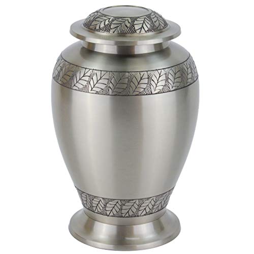 Pewter Leaves Cremation Urn for Ashes, Brass, Silver Urn, Adult Sized Cremation Urn, 10.25 Inches High - color: Pewter Leaves