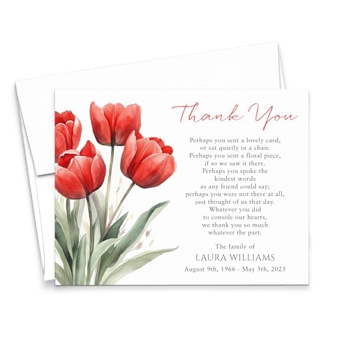Modern Pink Paper Tulip Thank You Notes For After A Funeral, FLAT Sympathy Acknowledgement Cards With Flowers, Red Floral Celebration of Life Thank You Notecards, Your Choice of Quantity & Color - color: Tulips