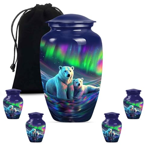 Northern Lights Polar Bear Urn for Adult Ashes Male & Female - Large & Keepsake Memorial Urns for Human Ashes - Elegant Aurora Borealis Themed Burial Urns - Decorative Urn (1 Large 4 Keepsake) - color: Polar Bear, size: 10 inch (1 piece) & 3 inch (4 piece