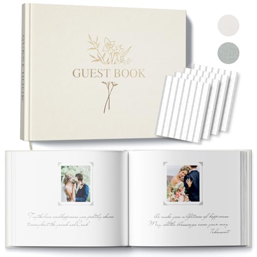 Wedding Guest Book with 216 Photo Corners Stickers, Linen Guestbook to Sign at Bridal Shower or Wedding Reception Party,100 Pages, Blank Thick Paper Books for Baby Shower Memorial Service- Beige - color: Beige, size: All Blank
