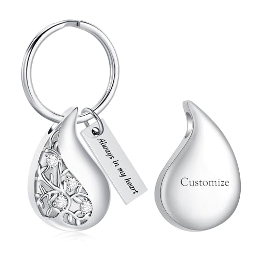 zeqingjw Cremation Jewelry Teardrop Urn Keychain for Ashes Tree of Life Urn Ashes Cremation Memorial Keepsake Keychain - color: Customize