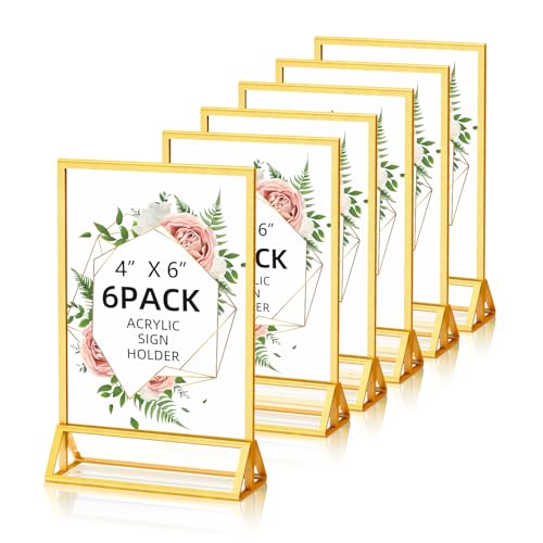 PPH-Sisy 4x6 Acrylic Sign Holder, 6 Pack Gold Picture Frame Double-Sided Clear Acrylic Sign Holder Flyer Menu Holder, Wedding Table Number Stands, Photo Frames for Office Home Event - color: Gold, size: 4x6-6 Pack