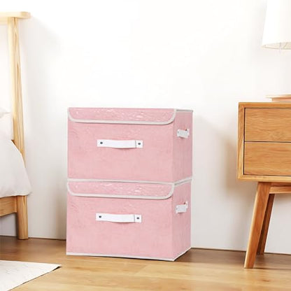 ANMINY Fabric Storage Box Bins with Lids, Rose Print, Pink, 4PCS Large | Keepsake Memory Storage, Nonwoven Fabric, PP Board Frame, Washable, PU Handles, Foldable Stackable, Decorative, 15"x10"x10" - size: Large (Pack of 4)