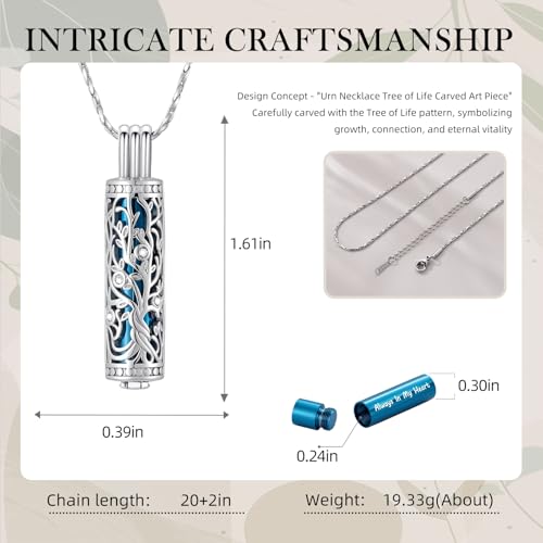 Cylinder Urn Necklace Crystal Tree of Life Cremation Jewelry Pendant for Women Men Vial Cremation Ash Pendant Loved One Memorial Jewelry with Mini Keepsake Urn Ash - Always In My Heart - color: Silver-Blue-Always In My Heart