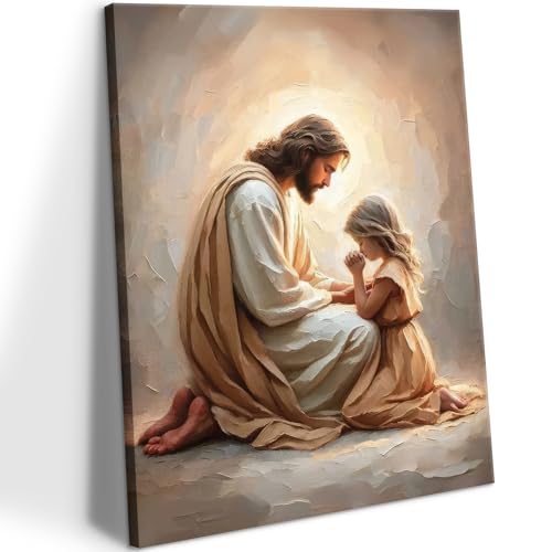 Jesus Praying with Girl Wall Art Canvas Poster Print, 8x10in - color: Jesus04, size: 8"L x 10"W