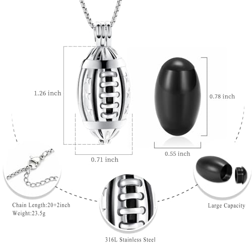 Oinsi American Football Cremation Locket Necklace For Ashes Of Loved Ones Stainless Steel Memorial Urn Jewelry Women Men Keepsake Fashion Necklace - color: Silver-Black
