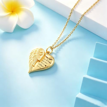 Heart Cremation Urn Necklace Human Ashes Jewelry for Women Men Engraved Your Wings were Ready but My Heart was Not Angel Wings Memorial Pendant Necklace Gift for Family Members - color: Gold