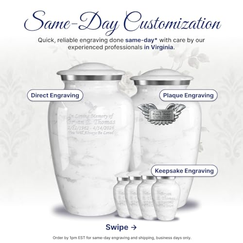 Set of 6 Custom Engraved Cremation Urns for Human Ashes Includes 1 Large Urn with 4 Small Keepsakes & 1 Silver Necklace - White Marble - color: White Marble - Custom