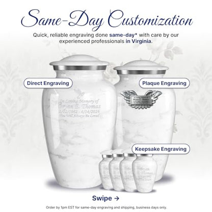 Set of 6 Custom Engraved Cremation Urns for Human Ashes Includes 1 Large Urn with 4 Small Keepsakes & 1 Silver Necklace - White Marble - color: White Marble - Custom
