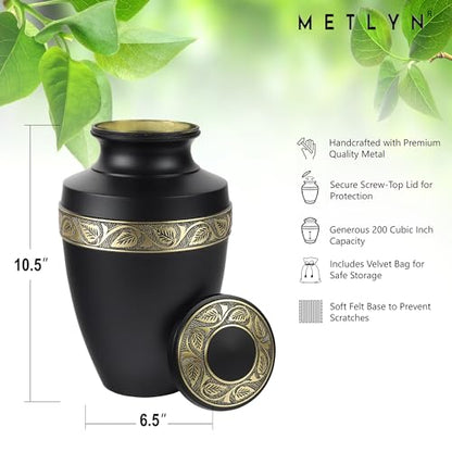 Cremation Urn for Ashes Adult Male & Female, Large Urn for Ashes for Women, Decorative Urns for Human Ashes Adult Man, Memorial Urns, Burial Urns, Funeral Urns (Black, Large)