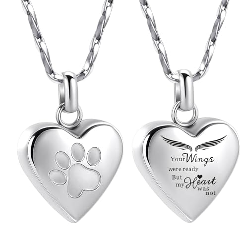 Paw Print Heart Urn Necklace for Pet Ashes Cremation Jewelry Memorial Keepsake Pendant for Dog/Cat Stainless Steel Ash Holder Necklace - color: Silver-Your Wings