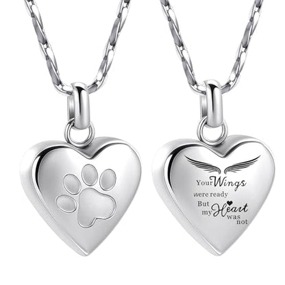 Paw Print Heart Urn Necklace for Pet Ashes Cremation Jewelry Memorial Keepsake Pendant for Dog/Cat Stainless Steel Ash Holder Necklace - color: Silver-Your Wings