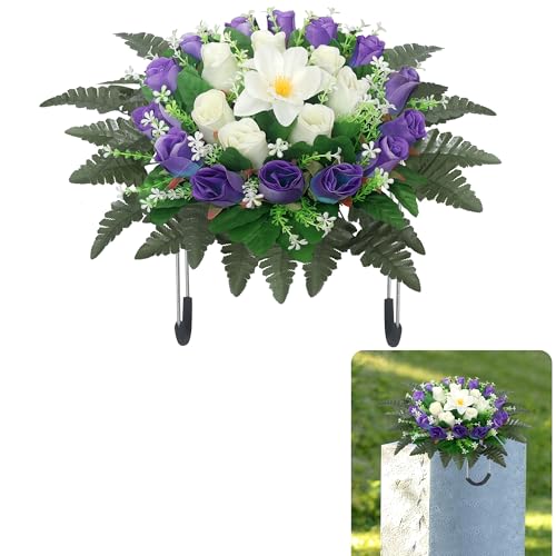 Headstone Flower Saddle Artificial Cemetery Flowers for Grave Cemetery Flowers Saddle for Outdoor Grave Decorations(Purple) - color: Purple