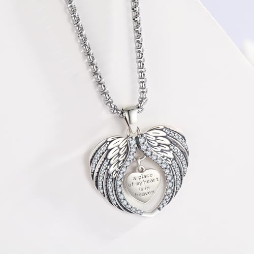 TUGHRA Memorial Necklace for Women Men, Angel Wings Heart Pendant 925 Sterling Silver A Piece of My Heart Is In Heaven Charm Necklace Sympathy Gift - style: 02-Platinum Angel Wings