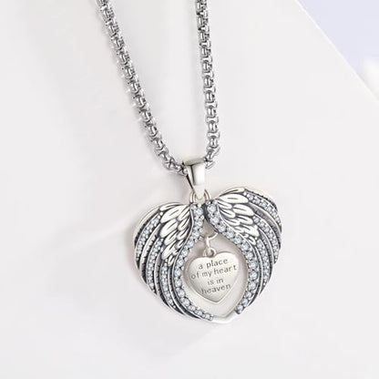TUGHRA Memorial Necklace for Women Men, Angel Wings Heart Pendant 925 Sterling Silver A Piece of My Heart Is In Heaven Charm Necklace Sympathy Gift - style: 02-Platinum Angel Wings