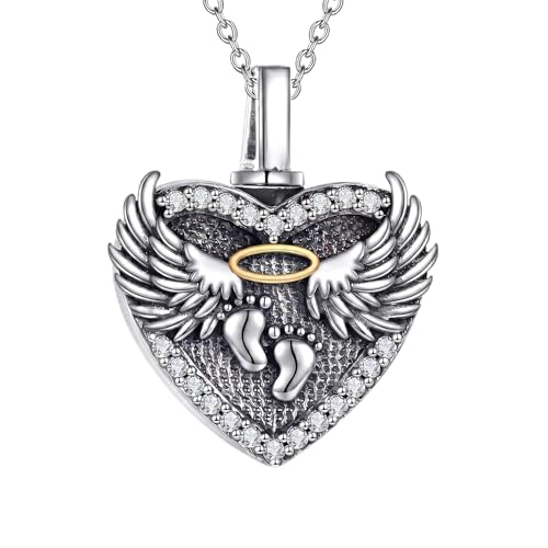 Family Members Urn Necklace for Ashes 925 Sterling Silver Angel Wings Heart Cremation Memorial Keepsake Pendant Jewelry for Loved One's Ashes, with 18" + 2" Stainless Steel Chain - style: Heart-Mommy of an angel