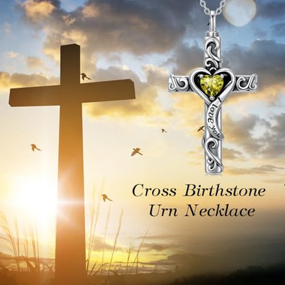 TOUPOP Cross Urn Necklaces for Ashes Birthstone Cremation Jewelry 925 Sterling Silver Cross Memorial Keepsake Jewelry for Women (with Funnel Filler) - color: 08-August-Peridot