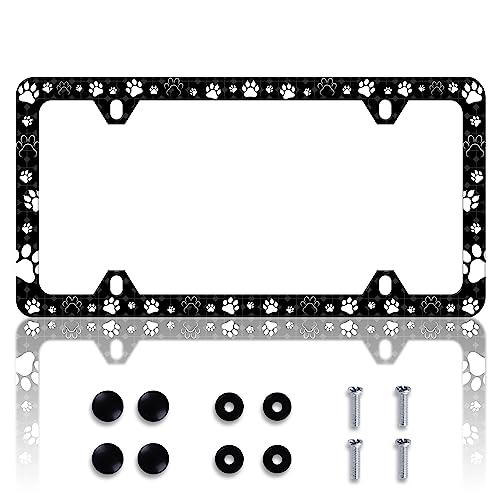Dog Cat Paw License Plate Frame Pet License Plate Frames with Screws | Personalise Stainless Steel Funny Design Compatible With Standard License Plate Holder For Usa And Canada 6 X 12 Inch - color: Dog Cat Paw