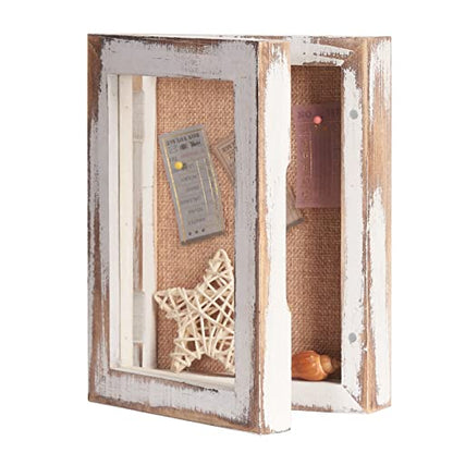 5x7 Shadow Box Frame (Display Area 4x6), Small Shadow Box with Glass, Mini Picture Shadow Box with Hinge, Memory Box for Memorabilia Photos Tickets Conch - Distressed White | Mini Keepsake Display Case, Hinged Solid Wood Shadow Box with Glass Front for Ph