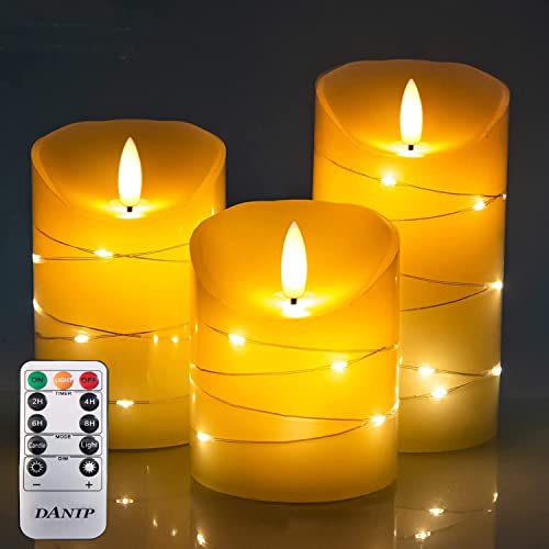 DANIP Ivory LED flameless Candle, with Embedded Star String, 3-Piece LED Candle Set, with 11 Button Remote Control, 24-Hour Timer Function, Dancing Flame, Real Wax, Battery Powered. (Ivory) - color: ivoryM#1*3