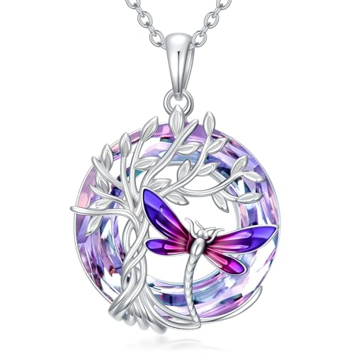 TOUPOP Butterfly Necklace for Women 925 Sterling Silver Tree of Life Butterflies Dragonfly Hummingbird Pendant Necklaces Crystal Jewelry Anniversary Christmas Birthday Gift for Her - color: Dragonfly Purple