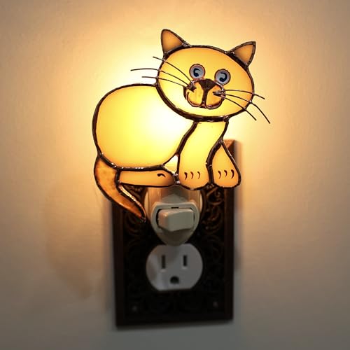 Gift Essentials Tan Cat Plug-in Night Light - Stained Glass Nightlight | Tan Cat Stained Glass Plug-in Nightlight with On/Off Rocker Switch. Includes One 4-Watt Replaceable Warm-Glow Bulb. - color: Tan Cat
