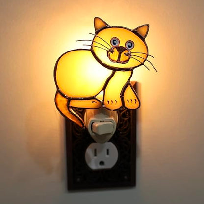 Gift Essentials Tan Cat Plug-in Night Light - Stained Glass Nightlight | Tan Cat Stained Glass Plug-in Nightlight with On/Off Rocker Switch. Includes One 4-Watt Replaceable Warm-Glow Bulb. - color: Tan Cat