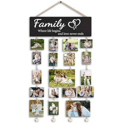 Family Collage Picture Frames,Housewarming Gifts | Gifts for Family Members Hanging Photo Display,Where Life Begins and Love Never Ends Wood Hanging Photo Holder for Wall - color: Family
