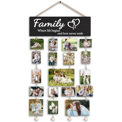 Family Collage Picture Frames,Housewarming Gifts | Gifts for Family Members Hanging Photo Display,Where Life Begins and Love Never Ends Wood Hanging Photo Holder for Wall - color: Family