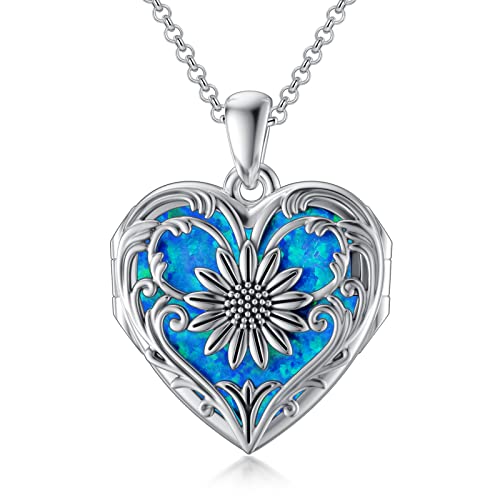 SOULMEET Personalized Silver Locket Necklace That Holds Pictures Photo Keep Someone Near to You, Memorial Custom Lockets Necklaces Letters Engraving for His Her - color: A6-Blue opal sunflower-Black, style: Locket Necklace Only