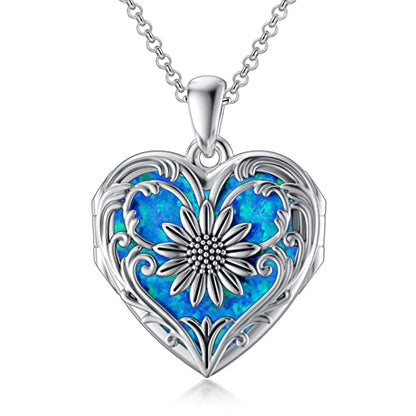 SOULMEET Personalized Silver Locket Necklace That Holds Pictures Photo Keep Someone Near to You, Memorial Custom Lockets Necklaces Letters Engraving for His Her - color: A6-Blue opal sunflower-Black, style: Locket Necklace Only