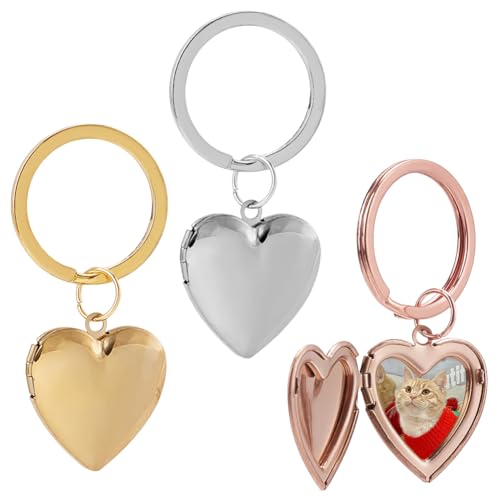 PLIGREAT 3 Pack Heart Locket Keychain, Silver Photo Locket Key Chains for Women Rose Gold Heart Locket Keychain that Holds Pictures Photo Frame Charm Locket Pendants for DIY Craft Mother's Day Gift