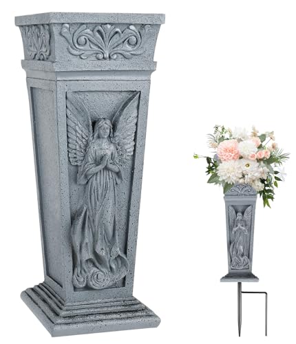 Cemetery Vases for Grave with Metal Spike, Angel Memorial Cemetery Flower Holder with Drainage Hole, Cemetery Decorations for Grave, Cemetery, Garden, Lawn (1-Pack)