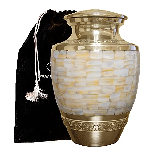 Mother of Pearl Cremation Urn for Human Ashes- Adult Size Elegant Funeral Ashes Container with Velvet Storage Bag
