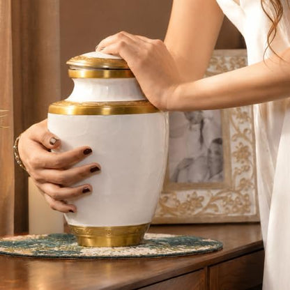 Urn Human Ashes Adult Male/Female,Creamation Urn for Human Ashes Adult Man/Women,200+ Cubic inch Capacity,Decorative Burial Urn, Funeral Cremation Urns_ Trinity 10x6.5 Pearl White Gold