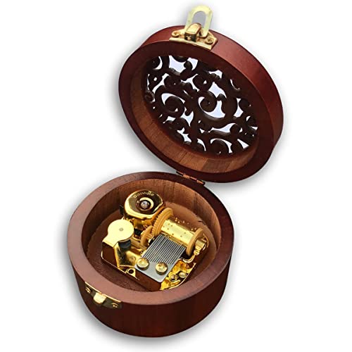 BinkeGG Play (Amazing-Grace) Brown Wooden Circular Hollow Out Music Box with Sankyo Musical Movement (65 Tunes Option) - color: 5. Circular Music Box, size: Amazing-Grace