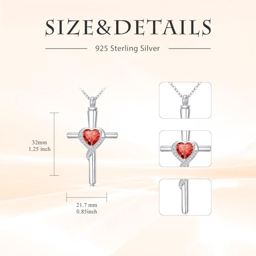 TOUPOP Cross Urn Necklaces for Ashes Birthstone Cremation Jewelry 925 Sterling Silver Cross Memorial Keepsake Funeral Jewelry for Women (with Funnel Filler) - color: 07-July-Ruby