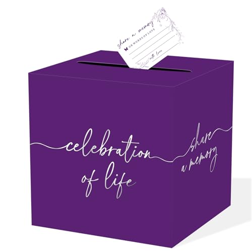 QISOLIY Purple Celebration of Life Card Box with Silver Lettering, Share a Memory Funeral Card Box for Memorial Service, Remembrance Table Decor, Memory Box for Sympathy Condolence Messages - color: Purple Silver Box