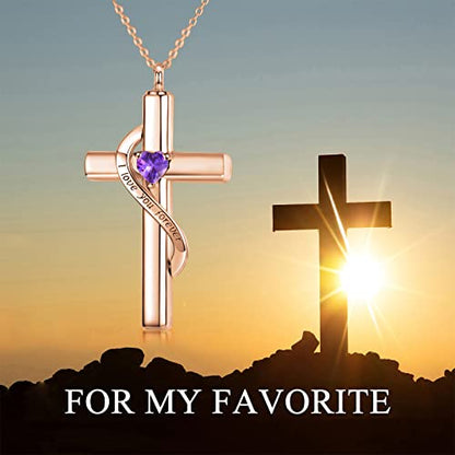 SOULMEET Crystal Cross Necklace for Ashes, Sterling Silver I Love You Forever Birthstone Cross Urn Necklaces for Ashes Keepsake Cremation Jewelry for Pet Human Ashes - style: B-Rose Gold-February
