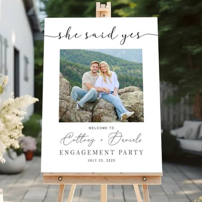 Personalized Engagement Party Welcome Sign with Personalized Photo | Custom Couple Names & Date | Simple White Engagement Backdrop | Waterproof PVC Celebration Board - color: Design 15