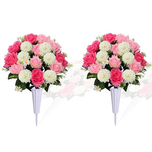 Lodou Set of 2 Artificial Bouquet Grave Memorial Flowers with Vase, Realistic Vibrant Roses,Cemetery Memorial Flowers for Outdoor Tombstone Decorations (Pink) - color: Pink
