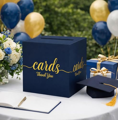 Blue and Gold Card Box for Party Graduation, Baby Bridal Shower, Birthday, Funeral, Wedding 7.8 x 7.8 x 7.8 In Gift Card Holder Box for Reception Raffle Voting Box with Slot - color: BlueGoldTks