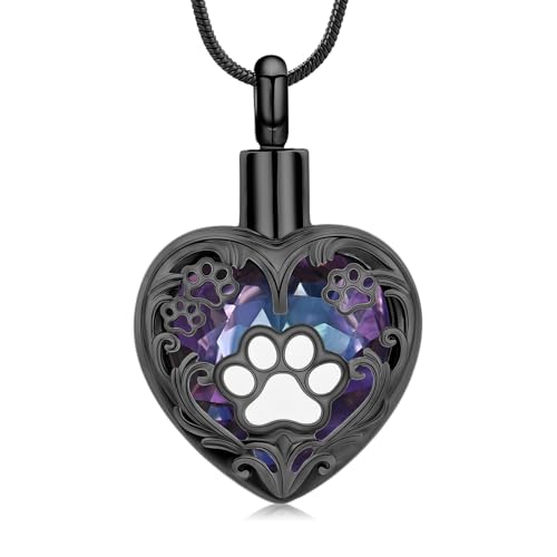 Heart Urn Necklace For Ashes Birthstone Pet Memorial Jewelry Dog Paw Print Cremation Pendant Stainless Steel Keepsake Gift For Pet Lovers - color: Black purple