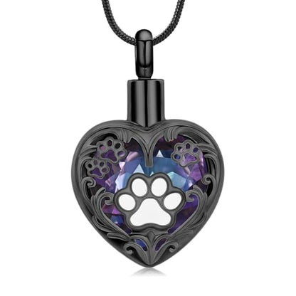 Heart Urn Necklace For Ashes Birthstone Pet Memorial Jewelry Dog Paw Print Cremation Pendant Stainless Steel Keepsake Gift For Pet Lovers - color: Black purple
