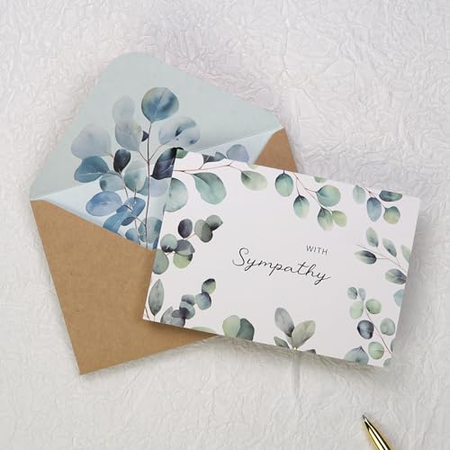 Sympathy Cards with Envelopes, Sympathy Cards, 24 Pack with Thoughtful Messages, 4 Designs Condolences Card Assortment Boxed with Kraft Envelopes, Bereavement Cards Bulk, Greenery Eucalyptus