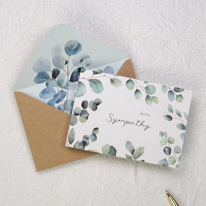 Sympathy Cards with Envelopes, Sympathy Cards, 24 Pack with Thoughtful Messages, 4 Designs Condolences Card Assortment Boxed with Kraft Envelopes, Bereavement Cards Bulk, Greenery Eucalyptus
