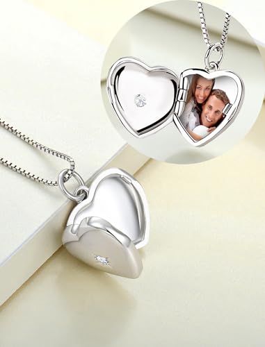YL Heart Locket Picture Necklace Sterling Silver Personalized Photo Pendant Birthstone Jewelry for Women - color: 04-diamond-Apr