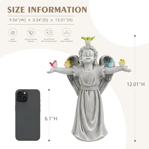 Angel Garden Statue with 5 Birds Solar Lights, Resin Cherub Figurine | Outdoor Decor for Garden Porch Yard, Gift for Women, Teacher, Mother, Birthday, Housewarming