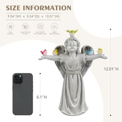 Angel Garden Statue with 5 Birds Solar Lights, Resin Cherub Figurine | Outdoor Decor for Garden Porch Yard, Gift for Women, Teacher, Mother, Birthday, Housewarming
