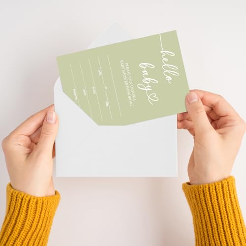 Hello Baby Baby Shower Invitations for Boys Girls, Green Minimalism Invite Cards for Baby Announcement, 25 Set of Fill-in Invites with Envelopes, Gender Reveal Party Supplies -B14 - color: Green-Oh Baby